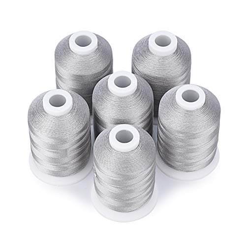 Simthread 6 Silver Polyester Machine Embroidery Threads 1000M(1100Yards) for Brother Babylock Janome Pfaff Singer Bernina Home Embroidery and Sewing Machines (Silver) - color: Silver