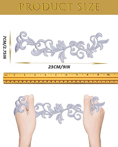 6 Pieces Metallic Leaves Embroidered Iron on Patch Flower Vine Border Lace Applique Long Scroll Motif for Dress Pillow Sewing Accessories Embellishment (Silver) - color: Silver