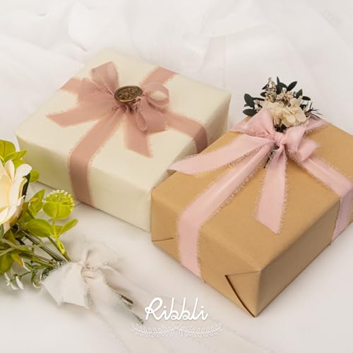 Ribbli Pink Ribbon 1 Inch x 3 Rolls Total 24 Yards Cream/Blush Pink/Rose Gold Handmade Fringe Chiffon Silk Ribbon for Wrapping Wedding Invitations Bridal Bouquets DIY Crafts Home Decor - color: Cream/Blush/Rose Gold