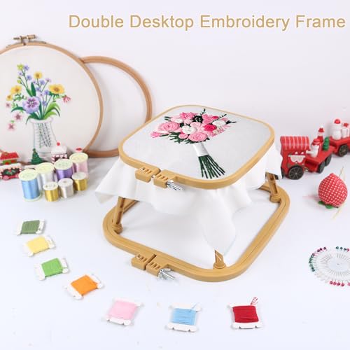 Versatile Double Embroidery Stand, Compact Desktop Embroidery Cross Stitch Frame-Hands Free 2-Tier Embroidery Hoop Frame for Needlepoint Sewing Craft Projects (Khaki) - color: khaki