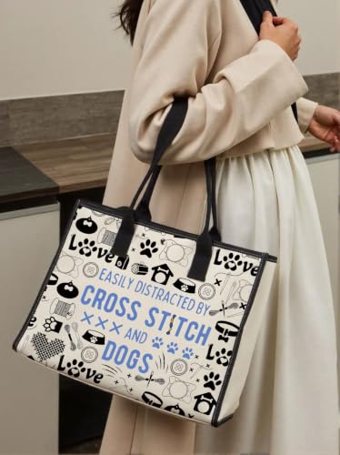 GJTIM Cross Stitching & Dogs Lover Gift Cross Stitching Project Bag Easily Distracted By Cross & Dogs Canvas Tote Bag