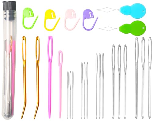 Hekisn 25Pcs Large Eye Blunt Yarn Needles kit, Assorted Sizes Bent Tapestry Darning Needle, Sewing Needles with Needle Threaders & Stitch Markers for Knitting Crochet (Black) - color: Black