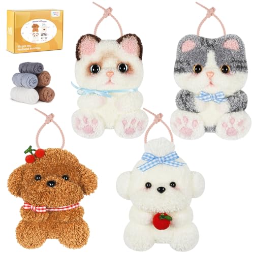 Punch Needle kit-4,Embroidery kit for Beginners,Punch Needle Kits Adults Beginner,Needles, Curved Scissors, a Tool Storage Box, Yarn, Easy-to-Follow Instructions, and Tutorial Videos(Cats and Dogs) - color: Cats and Dogs