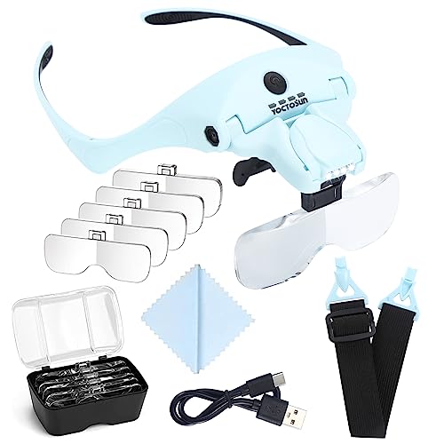 YOCTOSUN Magnifying Glasses with 4 LED Lights, 1X to 3.5X Head Magnifier - color: Light Blue