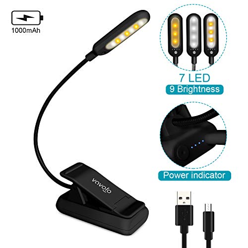 VAVOFO Rechargeable Reading Light, 7 LEDs with 9 Color Temperature 9 Brightness Levels Clip On Book Light for Reading in Bed with Power Indicator for Bookworms (Black) - color: Black