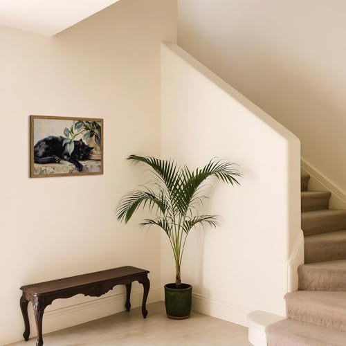 Framed Black Cat Canvas Wall Art, Vintage Sleeping Cat with Plant Picture Wall Decor Paintings, Cute Animal Poster Prints Rustic Aesthetic Home Decor for Living room Bedroom Bathroom 16x24 inch - color: Black Cat, size: 24"L x 16"W