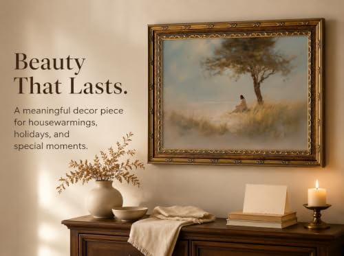 DNEJZKI Vintage Gold Framed Wall Art Jesus Christian Canvas Print Wall Decor Moment of Christ Sitting Under Tree by Sea Painting Picture Decor Religious Home Decor for Living Room Bedroom - color: Canvas, size: 16"L x 12"W