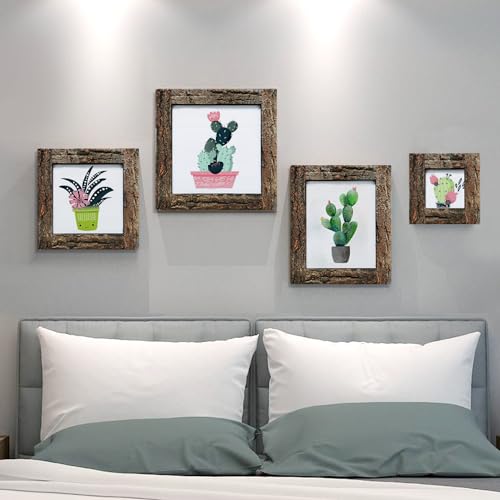 IKEREE 8x8 Rustic Picture Frames with Real Bark, Natural Wood Photo Frame - size: 8x8