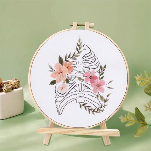 Yangshine 3 Sets Human Anatomy Embroidery Kit for Beginners,Heart,Lungs,Bones, Anatomy Floral Art Print Cross Stitch Kits,Including Hoops, Fabric,Threads,Needles,Instructions and Tool Kit - color: Heart Lungs Bones