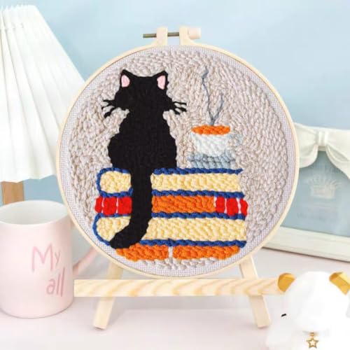 Punch Needle Kit for Beginners Adults-Cat Coffee, with Embroidery Hoop - color: Punch Needle kit-Cat Coffee
