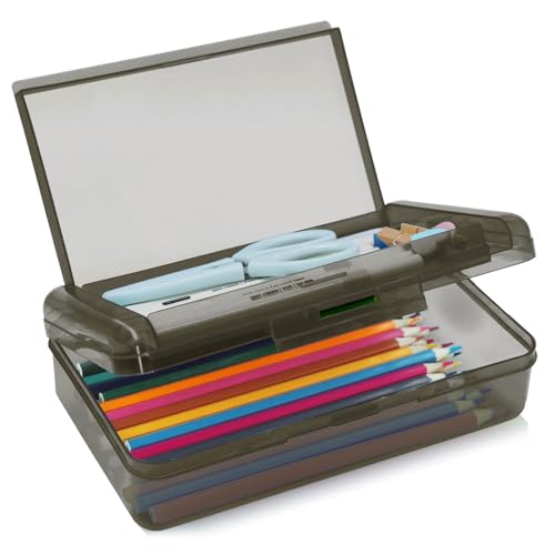 Double Layer Plastic Clear Hard Colored Pencil Box Case Pen Crayon Box - color: Dark Grey
