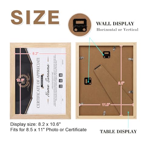 KINLINK 8.5x11 Picture Frame, Natural Solid Wood Diploma Frame with Acrylic Plexiglass for Pictures, Certificate Degree Document Frame, Tabletop and Wall Mounting Display Photo Frame 1 Pack - color: Natural, size: 8.5x11