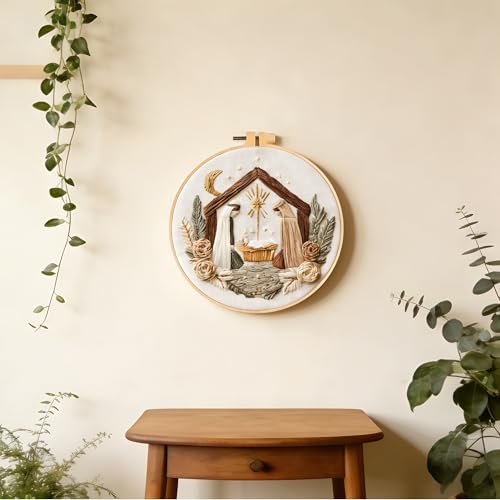Myfelicity Embroidery kit,Adults Set,Nativity Scene Embroidery Hoop Art Set, Religious Christmas Theme, 3-Piece Collection with Angels and Manger Scene in White Embroidery Cloth - color: 60040-60041-60042