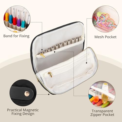 BAGCRAZY Stand-Up Crochet Hook Case Organizer, Travel Craft Holder with Phone Pocket, Quilted Bag with 9 Hooks, Needles & Scissors, Gift for Crochet Lovers – Black - color: Black