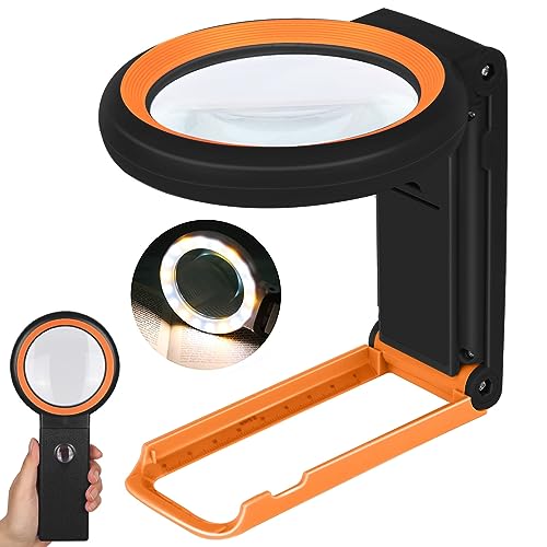 KIBTOY Magnifying Glass with Light and Stand, Foldable Handheld Magnifying Lenses 18 LED Illuminated Lighted Magnifier for Seniors Reading, Close Work, Coins, Jewelry Black - color: Black