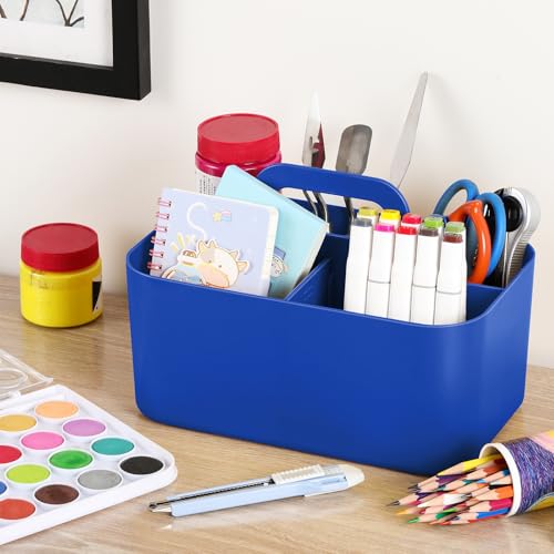 Multiuse Caddy Organizer with Handle, Portable Plastic Tote Bin - Art Craft, Stationary Pen Marker Crayons, Makeup Hair Supplies Storage - Bathroom, Classroom, Dorm, Office, Desk Holder - Dark Blue - color: Dark Blue