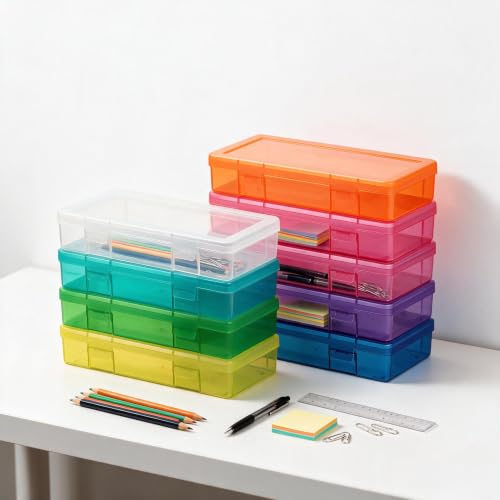 novelinks Clear Pencil Box and Small Plastic Storage Containers with Lids - color: 9 Pack Medium -Color