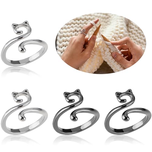 YUXIANLB 4pcs Knitting Crochet Loop Ring for Fingers Metal Open Yarn Guide Crochet Rings Adjustable Braided Faster Knitting Thimbles Holders Accessories for Crochet Mother Grandma Gifts (Cat Style) - color: 2Silver,2Black