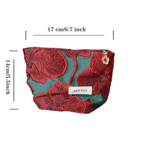 RANIT Retro Red Jacquard Cosmetic Bag - Durable Canvas Luxury Handheld Travel Toiletry Storage Bag Small - color: Red, size: Small
