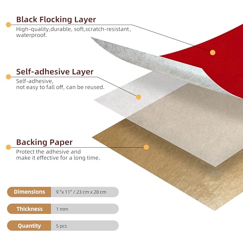 5PCS Self Adhesive Felt Sheet - Red Felt Sheets with Adhesive Backing for Drawer/Jewelry Box Liner (9" x 11") - color: Red, size: 9"W x 11"L / 5 pieces