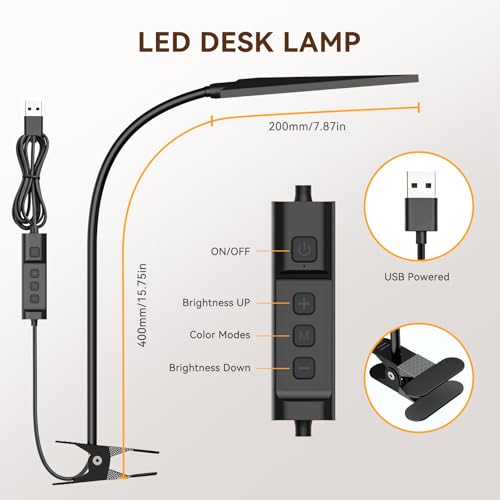 Clip‑On Desk Lamp, USB Powered Book Light, 5W LED Reading Lamp - color: Dark Black