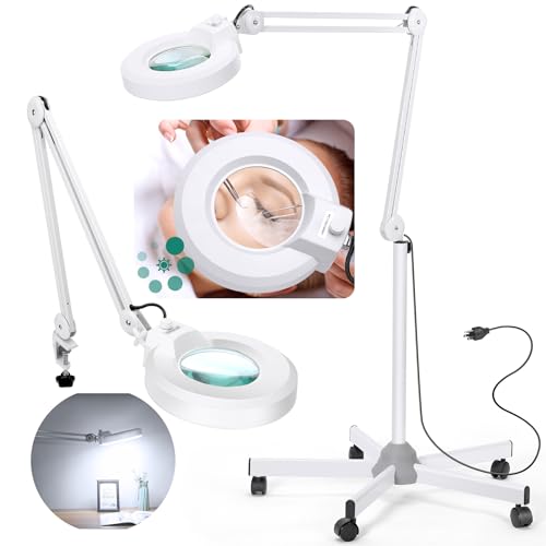 15X Super Bright 2,200 Lumens Magnifying Glass with Light and Stand, Floor Lamp with 5 Wheels Rolling Base for Lash Estheticians, Stepless Dimmable, LED Lighted Magnifier for Sewing Crafts - White - color: White