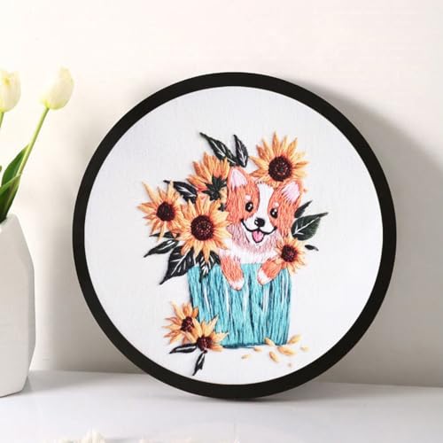Esffaci Embroidery Starter Kit for Adult Beginner with Dog Sunflower Pattern Hand Embroidery Set with Embroidery Cloth Hoop Needle Threader Embroidery Floss and Instruction - color: Dog