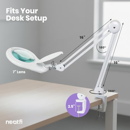 Neatfi Elite XL HD Super LED Magnifying Lamp – 7” Glass Lens, 5-Diopter, 6500K Daylight | Glare-Free, Adjustable Arm | Reading, Sewing & Crafting (White-3, 7-inch Lens, Non-CCT with Clamp) - color: White-3, size: 7-inch Lens, Non-CCT with Clamp