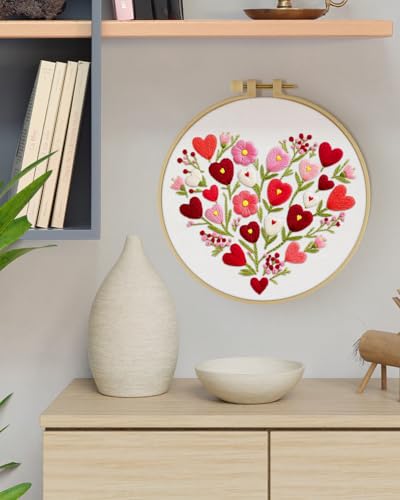 ERKOON Embroidery Kit for Beginners Adult, Flower Cross Stitch Set Include Embroidery Cloth Hoops Threads for Craft Lover Hand Stitch with Embroidery Skill Techniques (Heart) - color: Heart
