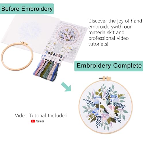 Harimau Letter N Pattern Embroidery Kit for Adult Beginners, Complete Starter Pack with 1 Hoop, Needles, Instruction Guide & Embroidery Stitch Video Tutorials - color: N