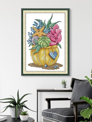 Aiorkeng Cross Stitch Kits Stamped Full Range of Embroidery Starter Kits for Adults Beginners DIY 11CT 3 Strands -Printed kit Flower of the Ocean(Printed) 32×44CM - color: Flower of the Ocean32×44CM
