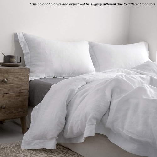 Simple&Opulence 100% Linen Duvet Cover Set with Embroidery Border Washed - 3 Pieces (1 Duvet Cover with 2 Pillow Shams) with Button Closure Soft Breathable Farmhouse - White, Full Size - color: White, size: Full