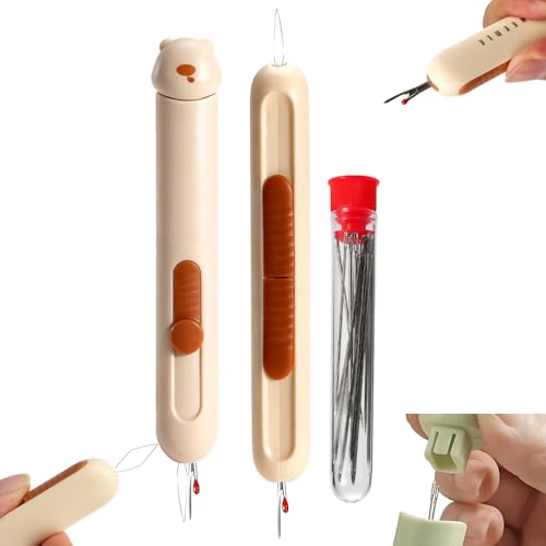 Runsgo The Set Includes 1* 3 In 1 Automatic Needle Threaders Seam Ripper With Needle Storage And 2 Needles,1* 2 In 1 Needle Threaders Seam Ripper,18*Needles (67Mm*3, 60Mm*3, 50Mm*3, 46Mm*9) (Yellow)