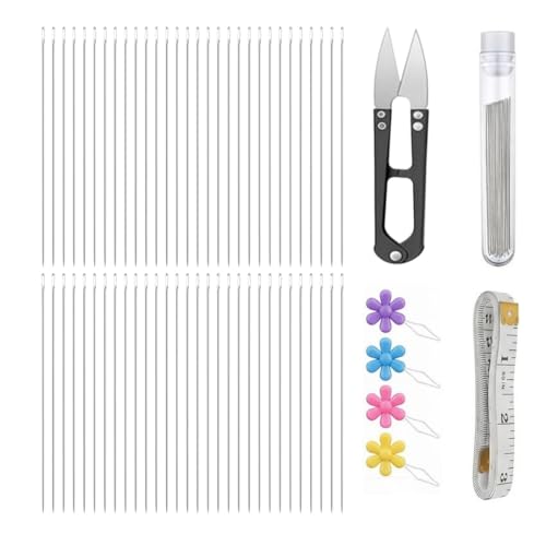 floatingsnow 60 Pcs Beading Needles for Jewelry Making, Size 10 Straight Fine Seed Beads Needles with Scissors and Threader for Beading, Embroidery
