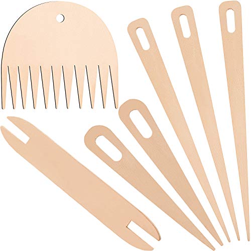 WILLBOND 7 Pcs Wood Weaving Tools Hand Loom Stick Shuttles Comb Needle