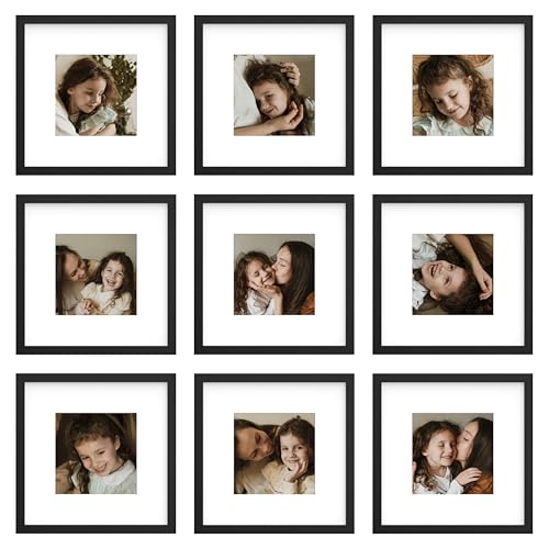 An&He 10x10 Picture Frames Set of 9, Displays 6x6 with Mat or 10x10 Without Mat Photos, Square Collage Wall Decor for Gallery, Wall Decor, Black - color: Black-9, size: 10x10