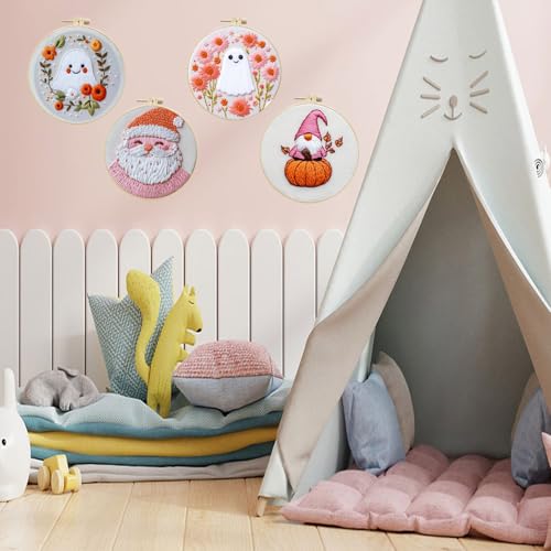 LB 4 Pack Halloween Embroidery Kit for Beginners, Halloween Ghost Christmas Santa Fall Gnome Pumpkin DIY Hand Embroidery Kit with Hoop, Threads, Holiday Craft Kit for Adults - color: Pink and White