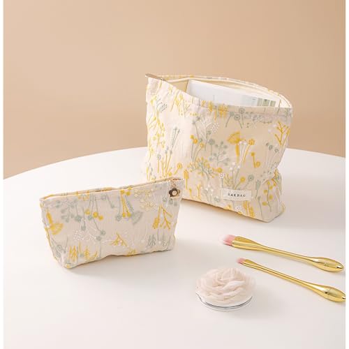 RANIT Chic Plant Embroidery Canvas Cosmetic Bag - Ramie Linen Handheld Travel Toiletry Organizer (Beige, Large) - color: Beige, size: Large