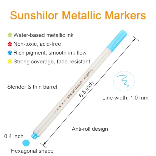 Sunshilor Metallic Markers Fine Point Metallic Marker Pens for Black Paper, Rock Painting, Easter Egg, Halloween Pumpkin, Card Making, Metal, Ceramic, Wine Glass, Set of 12