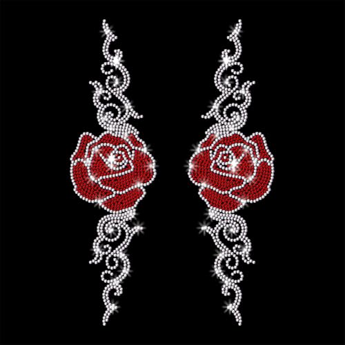 2 Pcs Curl Rose Pattern Iron on Rhinestones Transfer, Bling Crystal Clothing Repair Applique Heat Transfer Decal Heat Transfer Patch for T-Shirt Clothing Pants Bags - style: Curl Rose