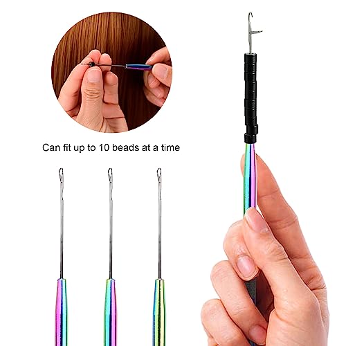 NEWISHTOOL Stainless Steel Hair Extensions Loop Needle Pulling Hook Tool, 3 PCS Micro Needle Threader Wire Pulling Loop Hook Tools for Silicone MicroLink Beads Rings and Feathers Extensions - color: Rainbow, size: Pulling Hook