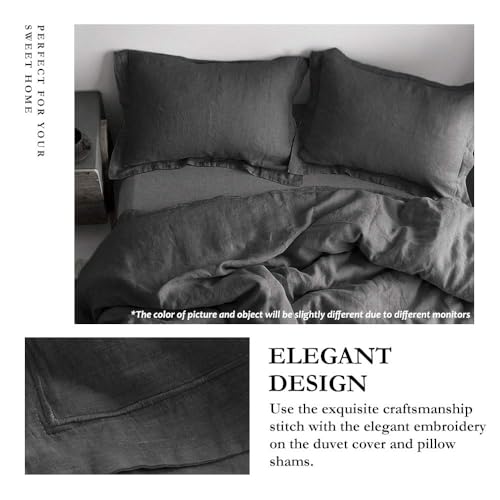 Simple&Opulence 100% Linen Duvet Cover Set with Embroidery Border Washed - 2 Pieces (1 Duvet Cover & 1 Pillow Sham) with Button Closure Soft Breathable Farmhouse - Dark Grey, Twin Size - color: Dark Grey, size: Twin