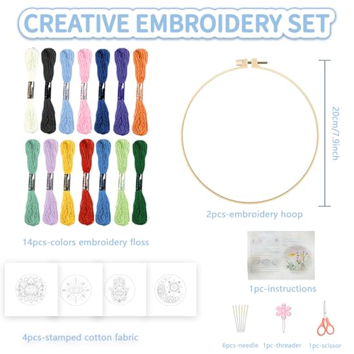 FREEBLOSS 4 Set Embroidery Kit Hamsa Pattern Stamped Embroidery Starter Kit with Step by Step Instructions, Colored Threads, 2 Hoops, Needlepoint Kits for Hand Craft Lovers Gift, 30cm/11.8inch - style: Tarot Elements