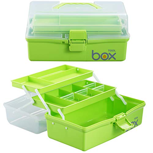 Kinsorcai 12'' Three-Layer Clear Plastic Storage Box/Tool Box, Multipurpose Organizer and Portable Handled Storage Case for Art Craft and Cosmetic (Green) - color: green, size: 1PCS