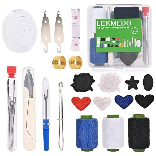 47pcs Big Eye Steel Sewing Needles Kit,Needle and Thread Sewing Kit,Portable Steel Needles for Hand Sewing with Repair Patch,Seam Ripper,Storage Box Supplies for Repairing Quilting Embroidery Crafts