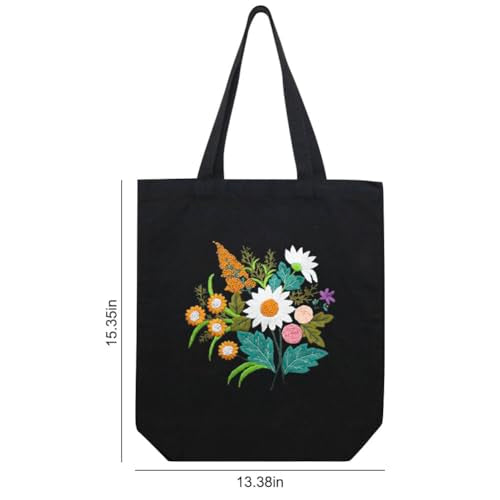 KABAKE Canvas Tote Bag Embroidery Kit, Embroidery Kits for Beginners, Arts and DIY Crafts Embroidery Starter kit, Include Stamped Embroidery Bag, Threads, Embroidery Tools (Black Bag with Floral) - color: Black Bag with Floral