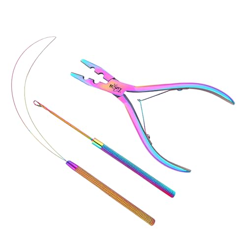 Beauty & Crafts Micro Links Hair Extensions Kit- Stainless Steel Beads Closer and Remover plier, Hair Extensions Loop Needle Pulling Hook, Bead Tool for Hair or Feather Extensions with Leather Pouch - color: Rainbow