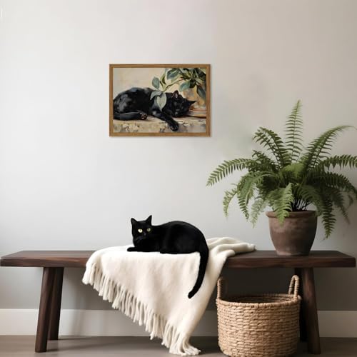 Framed Black Cat Canvas Wall Art, Vintage Sleeping Cat with Plant Picture Wall Decor Paintings, Cute Animal Poster Prints Rustic Aesthetic Home Decor for Living room Bedroom Bathroom 16x24 inch - color: Black Cat, size: 24"L x 16"W