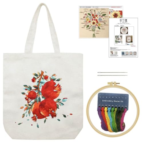 YANGSHINE Canvas Tote Bag Embroidery Kit with Pattern, Cross Stitch Kits for Beginners, Adults Arts Crafts Needlepoint Kit Include Embroidery Bag, Hoop and Instruction (Beige Bag, Red Pomegranate) - color: Beige Bag, Red Pomegranate