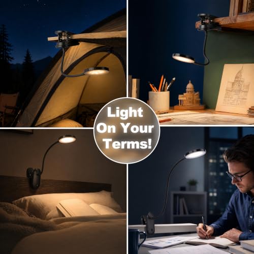 Clip on Light, Stepless Dimmable & 3 Colors Touch Control Clip On Bed Light. Dorm Room Essential 2600mAh Rechargeable Battery Powered Lamp. Flexible Clip On Lamp for Desk/Bedside/Headboard - color: Black